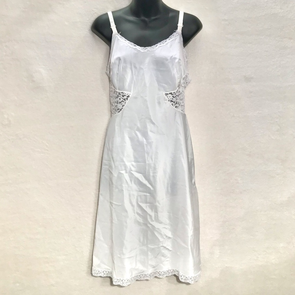 Vintage handmade lingerie slip white silky lace trim peekaboo sides